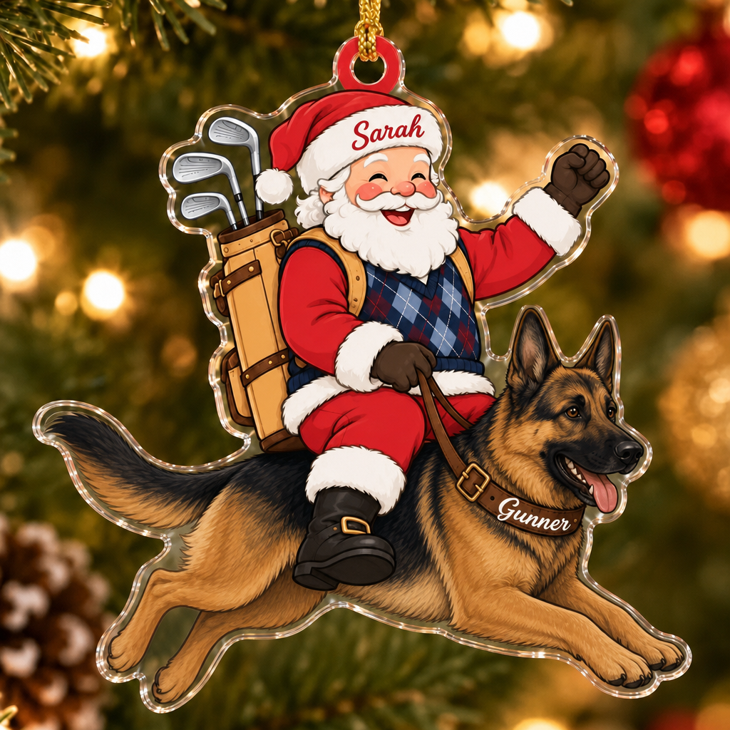 Golfing Santa Custom Name Dog Ornament