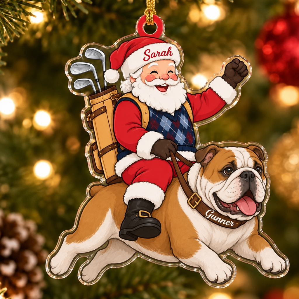 Golfing Santa Custom Name Dog Ornament