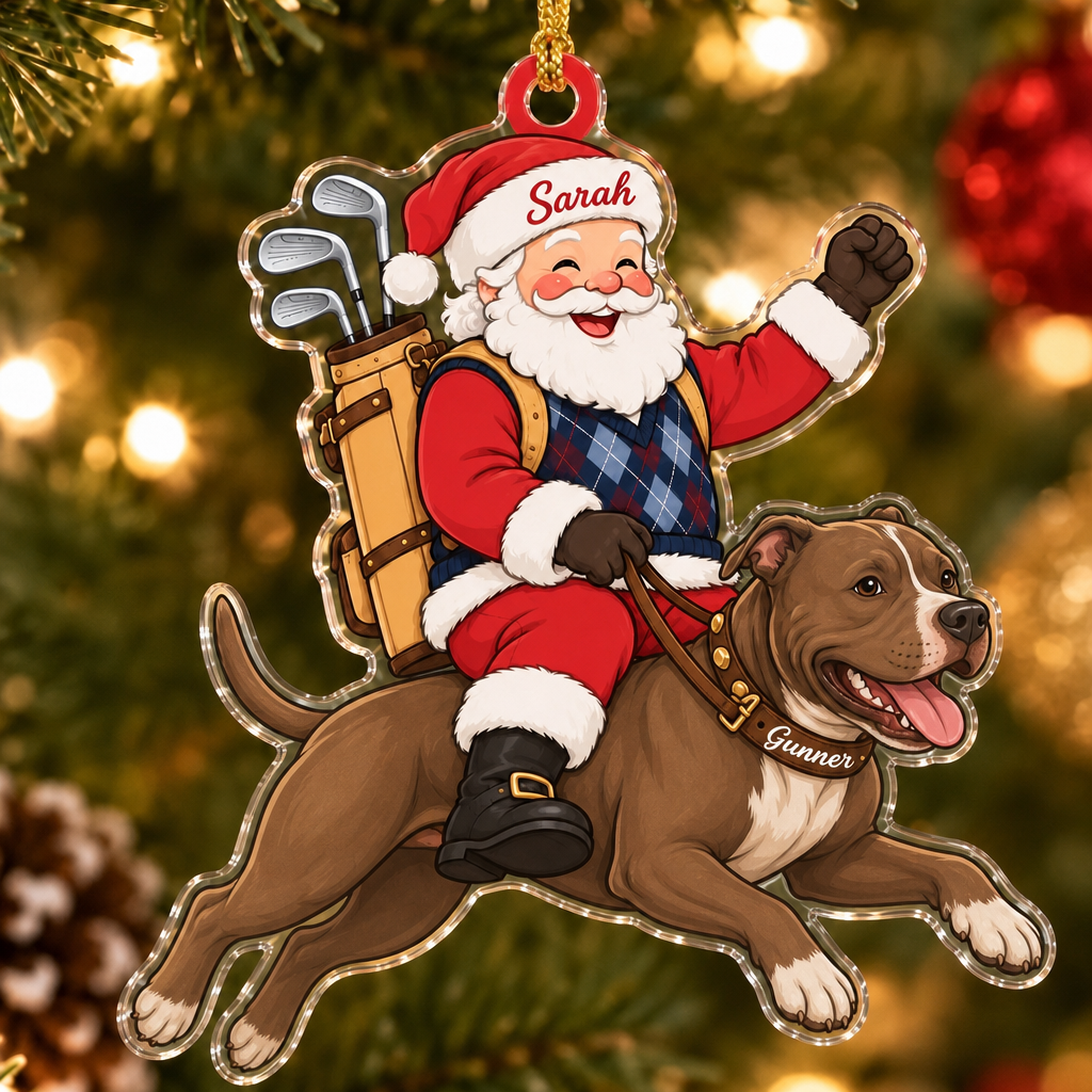 Golfing Santa Custom Name Dog Ornament