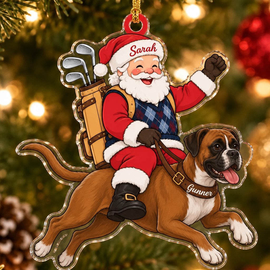 Golfing Santa Custom Name Dog Ornament