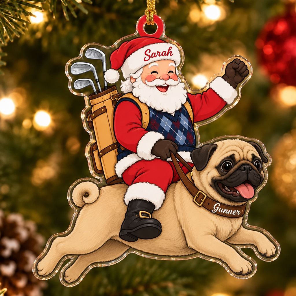 Golfing Santa Custom Name Dog Ornament