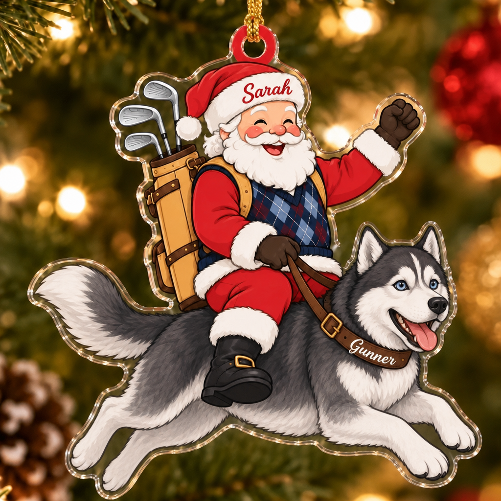 Golfing Santa Custom Name Dog Ornament