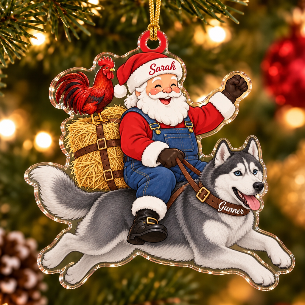 Farmhouse Santa Custom Name Dog Ornament