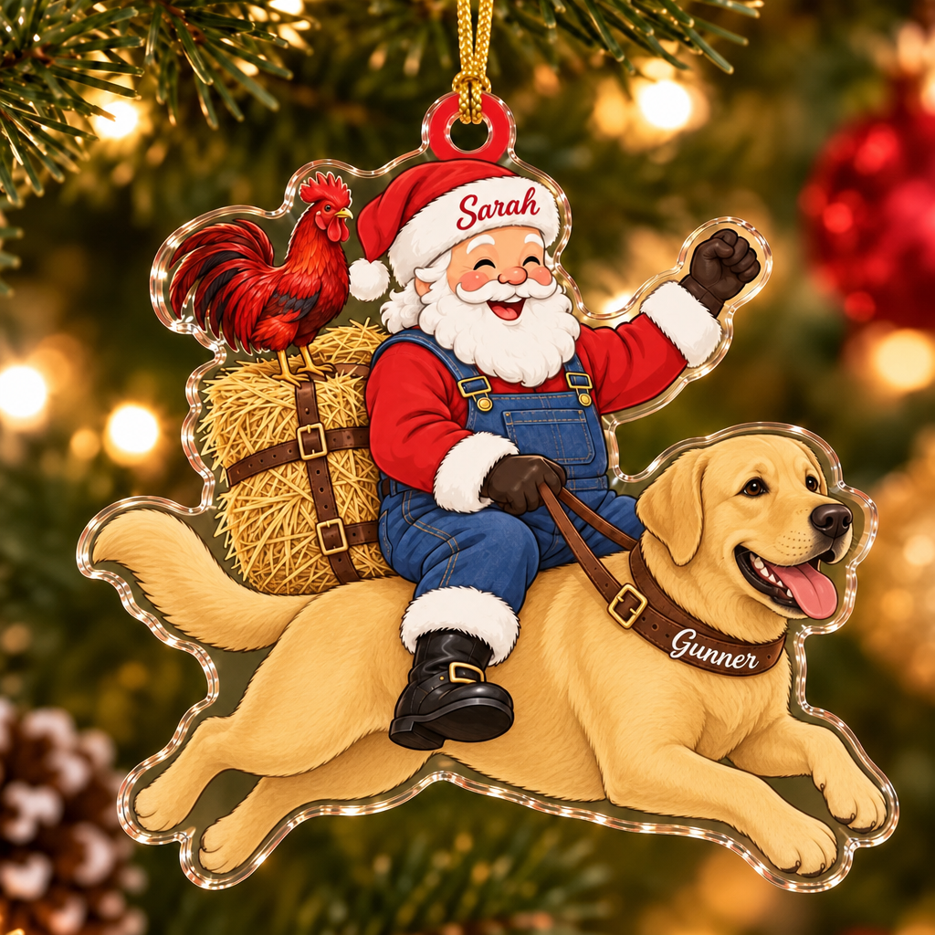 Farmhouse Santa Custom Name Dog Ornament