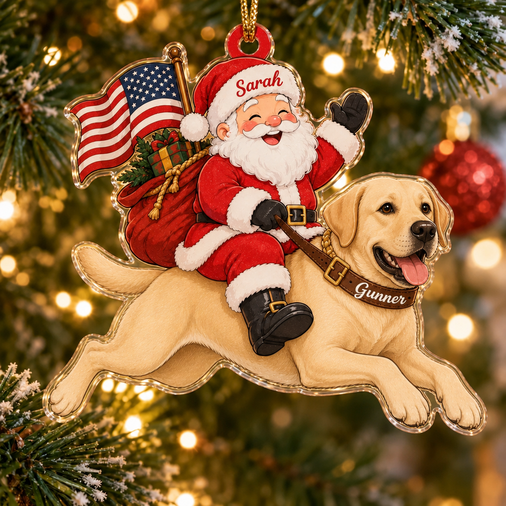 Stars and Stripes Santa Custom Name Dog Ornament