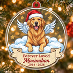 Ornament of a Golden Retriever with small white angel wings and a Santa hat sitting on a cloud, banner reading Forever Loved, Maximilian, 2014 - 2026
