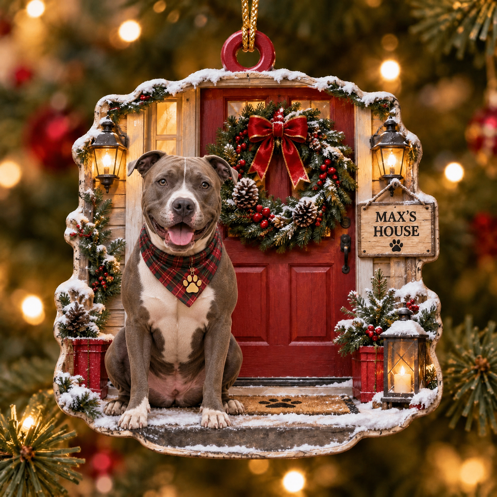 Personalized Dog Christmas Ornament – Custom Pet Name Holiday Door Wreath Ornament