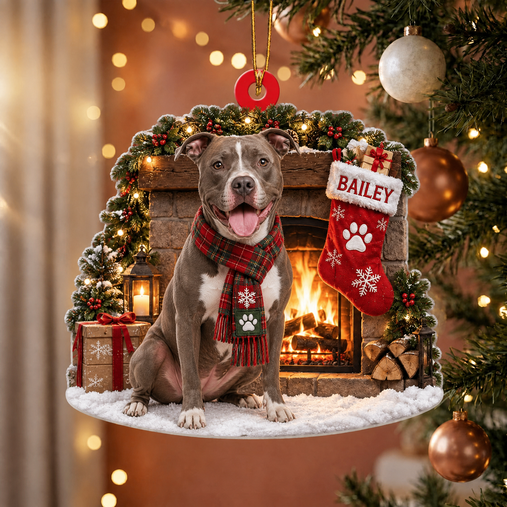 Personalized Dog Christmas Ornament – Custom Pet Name Stocking by the Fireplace Ornament